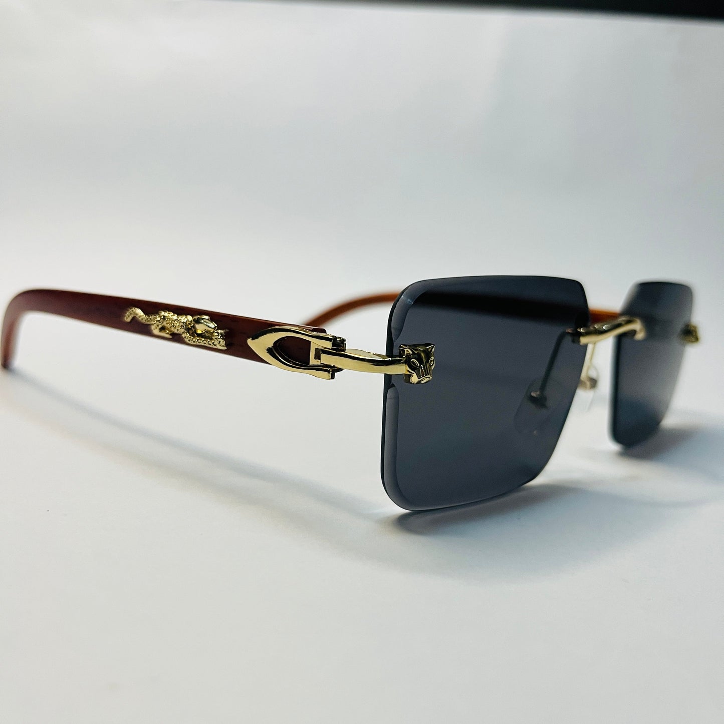 Panther Decor Wood Temple Rimless Sunglasses