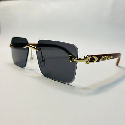 Panther Decor Wood Temple Rimless Sunglasses